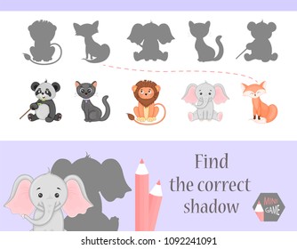 Find the correct shadow, education game for children. Cute Cartoon animals and Nature. vector illustration. cat, gift, lion, elephant, fox