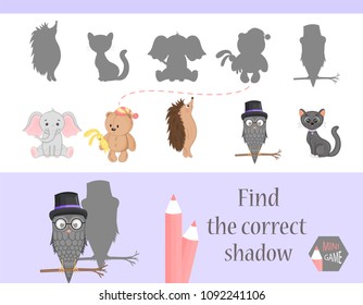 Find the correct shadow, education game for children. Cute Cartoon animals and Nature. vector illustration. cat, elephant, bear, hedgehog, owl