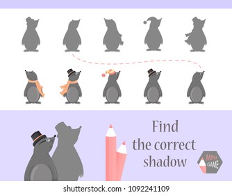 Find the correct shadow, education game for children. Cute Cartoon animals and Nature. vector illustration. mole