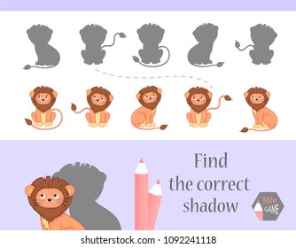 Find the correct shadow, education game for children. Cute Cartoon animals and Nature. vector illustration, lion