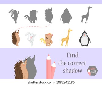 Find the correct shadow, education game for children. Cute Cartoon animals and Nature. vector illustration. bear, hare, giraff, hedgehog