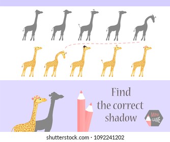 Find the correct shadow, education game for children. Cute Cartoon animals and Nature. vector illustration. giraff