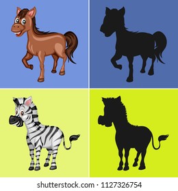 Find the Correct Shadow, Education Game for Children. Animal collection with Horse and Zebra Vector Illustrations
