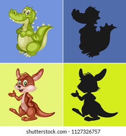 Find the Correct Shadow, Education Game for Children. Animal collection with Alligator and Kangaroo Vector Illustrations
