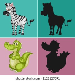 Find the Correct Shadow, Education Game for Children. Animal collection with Zebra and Alligator Vector Illustrations
