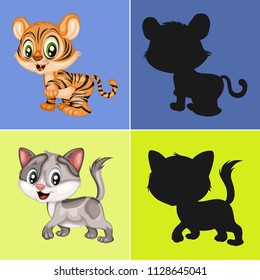 Find the Correct Shadow, Education Game for Children. Animal collection with Tiger Cub and Cat Vector Illustrations