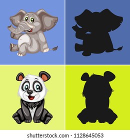 Find the Correct Shadow, Education Game for Children. Animal collection with Elephant and Panda Vector Illustrations
