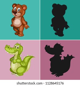 Find the Correct Shadow, Education Game for Children. Animal collection with Bear and Alligator Vector Illustrations

