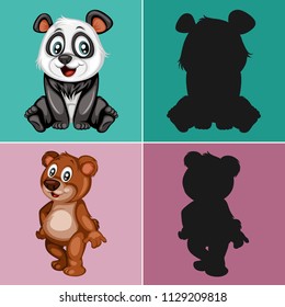 Find the Correct Shadow, Education Game for Children. Animal collection with Panda and Bear Vector Illustrations
