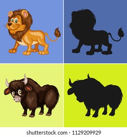Find the Correct Shadow, Education Game for Children. Animal collection with Lion and Yak Vector Illustrations
