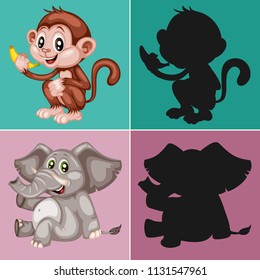 Find the Correct Shadow, Education Game for Children. Animal collection with Monkey and Elephant Vector Illustrations

