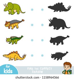 Find the correct shadow, education game for children. Set of cartoon dinosaurs svg