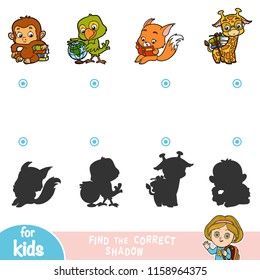 Find the correct shadow, education game for children. Set of cartoon animals - Fox, Giraffe, Parrot and Monkey