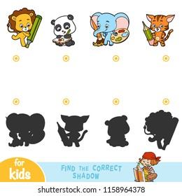 Find the correct shadow, education game for children. Set of cartoon animals - Elephant, Cat, Lion and Panda