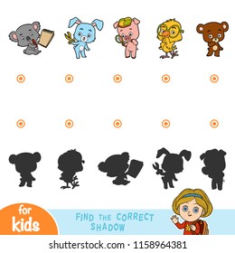 Find the correct shadow, education game for children. Set of cartoon animals - Pig, Rabbit, Chicken, Bear and Koala