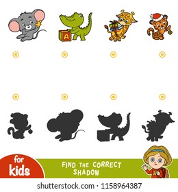 Find the correct shadow, education game for children. Set of cartoon animals - Crocodile, Mouse, Tiger and Giraffe