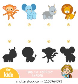 Find the correct shadow, education game for children. Set of cartoon safari animals -Lion, Elephant, Rhino and Monkey