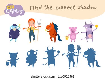 Find the correct shadow,  education game for children. Girl and Farm Animals
