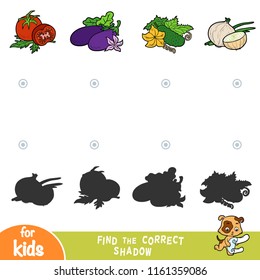 Find the correct shadow, education game for children. Cartoon set of vegetables - Cucumber, Eggplant, Tomato, Onion