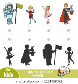 Find the correct shadow, education game for children. Cartoon set of professions - Illusionist, Ballerina, Hairdresser, Astronaut