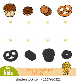 Find the correct shadow, education game for children. Set of sweet food - Donut, Pretzel, Cookies, Cupcake