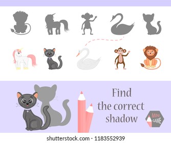 Find the correct shadow, education game for children. Cute Cartoon animals and Nature. vector illustration