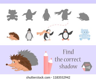 Find the correct shadow, education game for children. Cute Cartoon animals and Nature. vector illustration