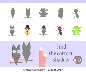 Find the correct shadow, education game for children. Cute Cartoon animals and Nature. vector illustration