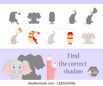 Find the correct shadow, education game for children. Cute Cartoon animals and Nature. vector illustration