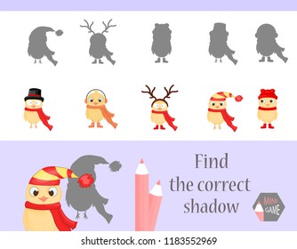 Find the correct shadow, education game for children. Cute Cartoon animals and Nature. vector illustration