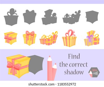 Find the correct shadow, education game for children. Cute Cartoon animals and Nature. vector illustration