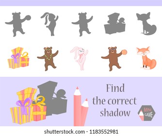 Find the correct shadow, education game for children. Cute Cartoon animals and Nature. vector illustration