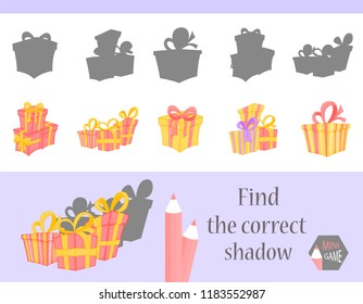 Find the correct shadow, education game for children. Cute Cartoon animals and Nature. vector illustration