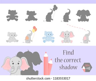 Find the correct shadow, education game for children. Cute Cartoon animals and Nature. vector illustration