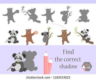 Find the correct shadow, education game for children. Cute Cartoon animals and Nature. vector illustration
