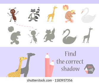 Find the correct shadow, education game for children. Cute Cartoon animals and Nature. vector illustration.