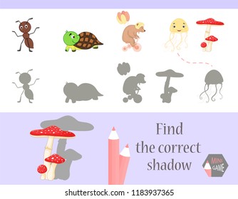 Find the correct shadow, education game for children. Cute Cartoon animals and Nature. vector illustration.
