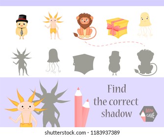 Find the correct shadow, education game for children. Cute Cartoon animals and Nature. vector illustration.