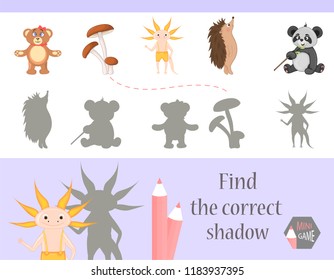 Find the correct shadow, education game for children. Cute Cartoon animals and Nature. vector illustration.