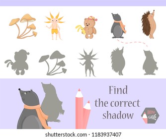 Find the correct shadow, education game for children. Cute Cartoon animals and Nature. vector illustration.