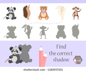 Find the correct shadow, education game for children. Cute Cartoon animals and Nature. vector illustration.
