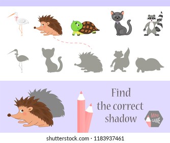Find the correct shadow, education game for children. Cute Cartoon animals and Nature. vector illustration.