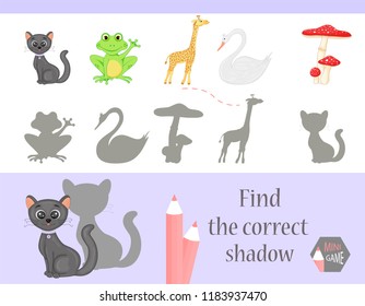 Find the correct shadow, education game for children. Cute Cartoon animals and Nature. vector illustration.
