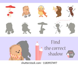 Find the correct shadow, education game for children. Cute Cartoon animals and Nature. vector illustration.