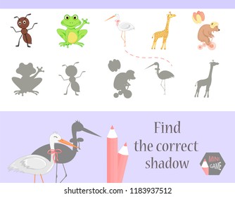 Find the correct shadow, education game for children. Cute Cartoon animals and Nature. vector illustration.