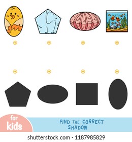 Find the correct shadow, education game for children, set of animals - bird, elephant, shell, aquarium with fish