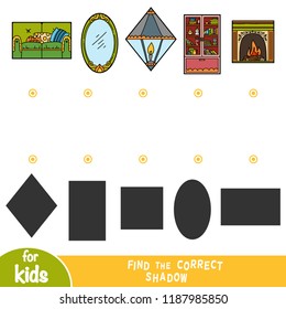 Find the correct shadow, education game for children, set of home objects - Bookcase with glass-doors, Sofa, Mirror, Fireplace, lamp