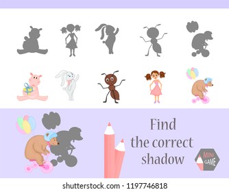 Find the correct shadow, education game for children. Cute Cartoon animals and Nature. vector illustration