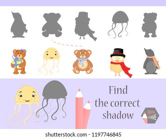 Find the correct shadow, education game for children. Cute Cartoon animals and Nature. vector illustration.