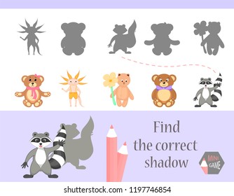 Find the correct shadow, education game for children. Cute Cartoon animals and Nature. vector illustration.